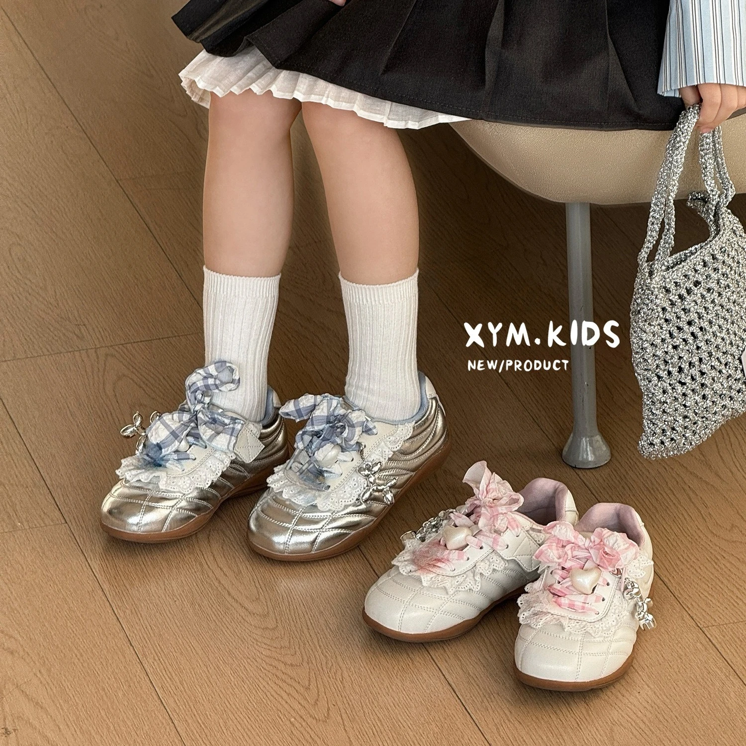 2026 Spring Kids Fashion Sneakers with Cute Charm Satin Ribbon Shoelaces Toddler Girls Children Lace-trimmed Retro Tennis Shoes