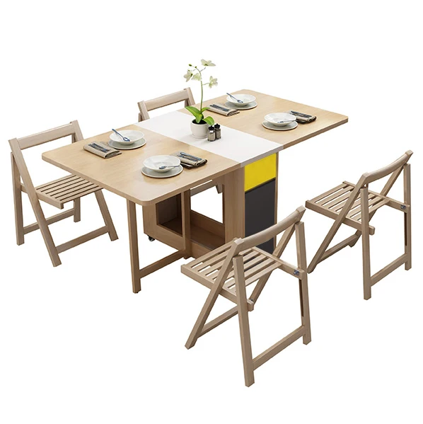 New Dining Room Furniture Space Saving Connected Rectangular Movable Double Drop Leaf Folding Tables Chairs For Apartment Home