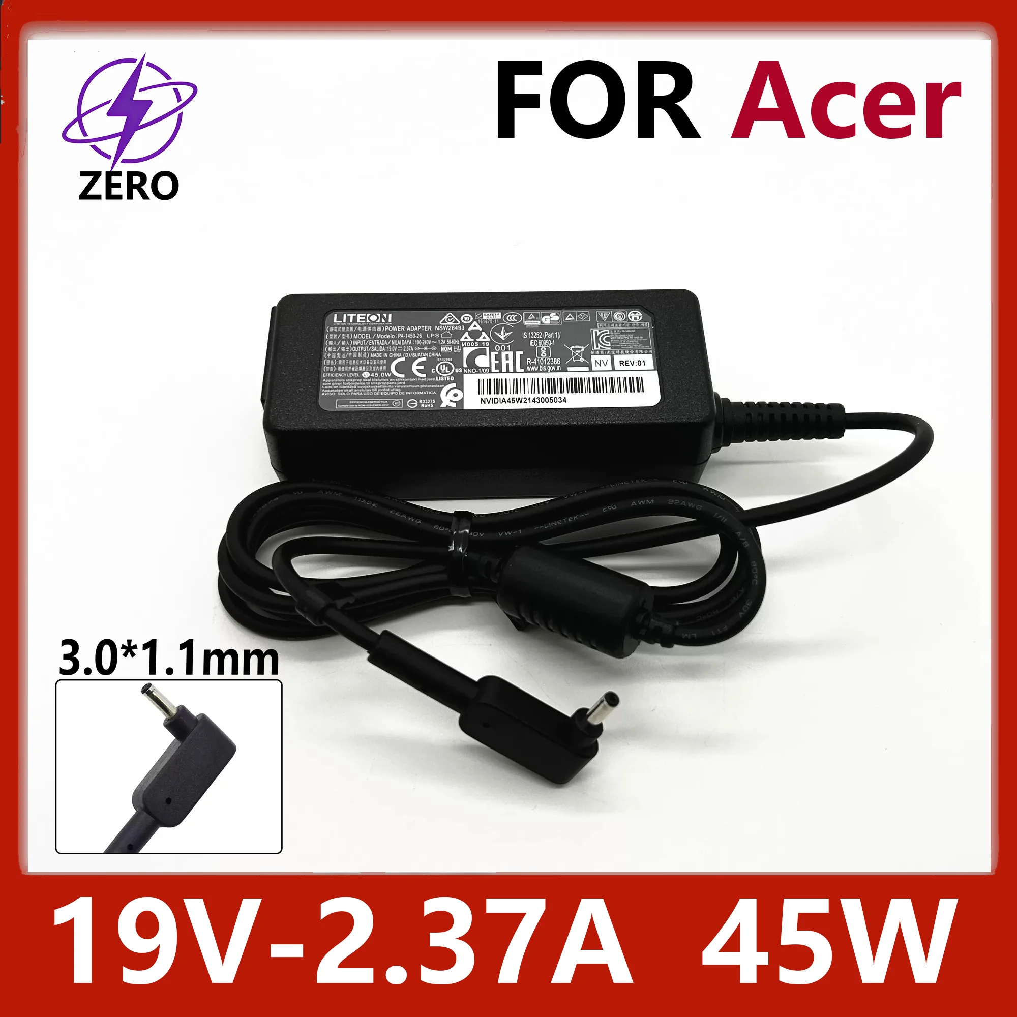 Original 45W 19V 2.37A 3.0*1.1mm Laptop Charger Power Adapter for Acer Aspire Sf3 S5 S7 Tmp238 V3-371 Liteon