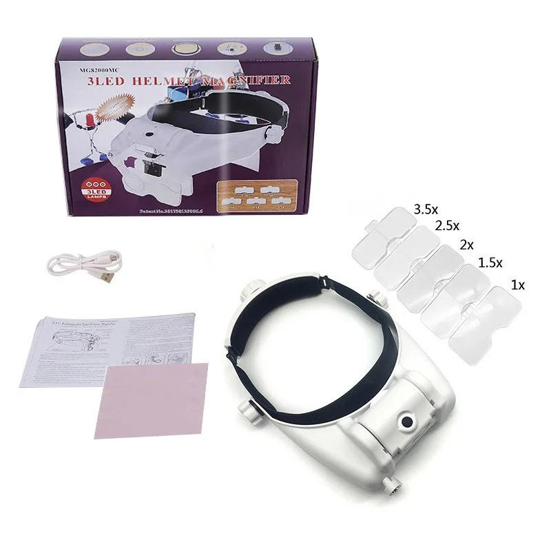 MG82000MC Headband Magnifier 3 LED USB Recharge HD Acrylic Lens Hands Free Loupe Watch Circuit Repair Reading Craft