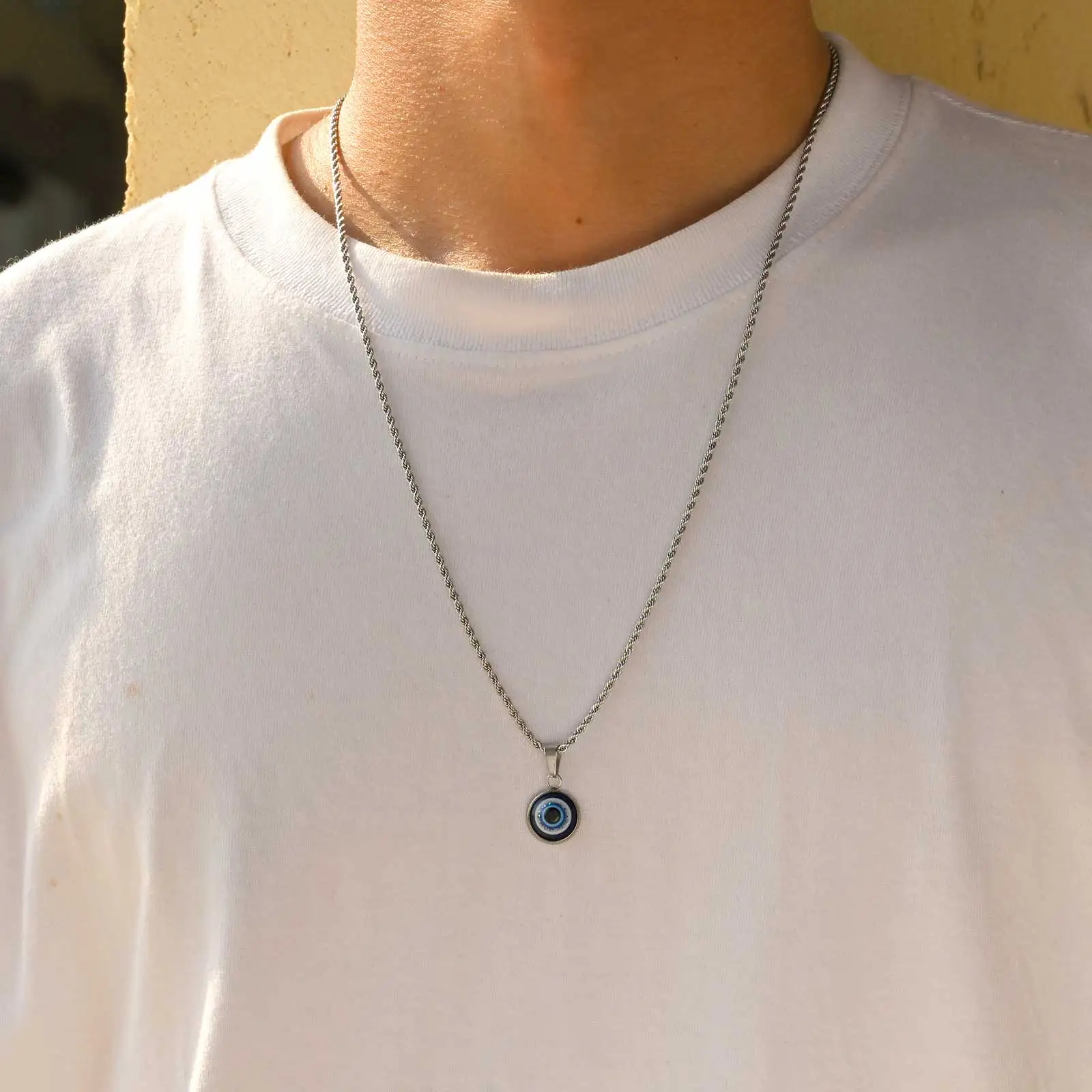 Türkische Halsketten mit bösem Blick aus Edelstahl für Männer, Halskette mit rundem Anhänger mit blauem Auge, ethnischer Kragenschmuck – Detail 4