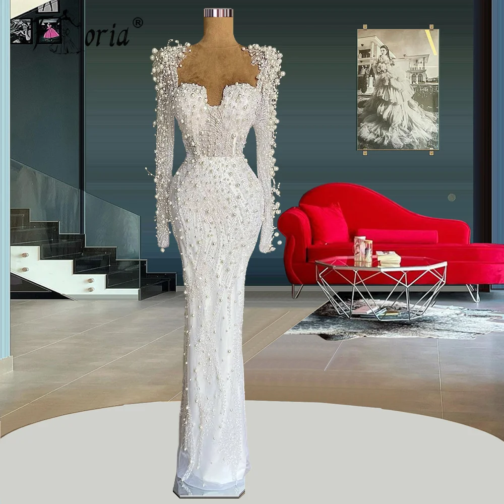 Gorgeous Full Pearls Beads Mermaid Evening Dress White Long Sleeves Floor Length Formal Party Prom Dress Robe De Soiree