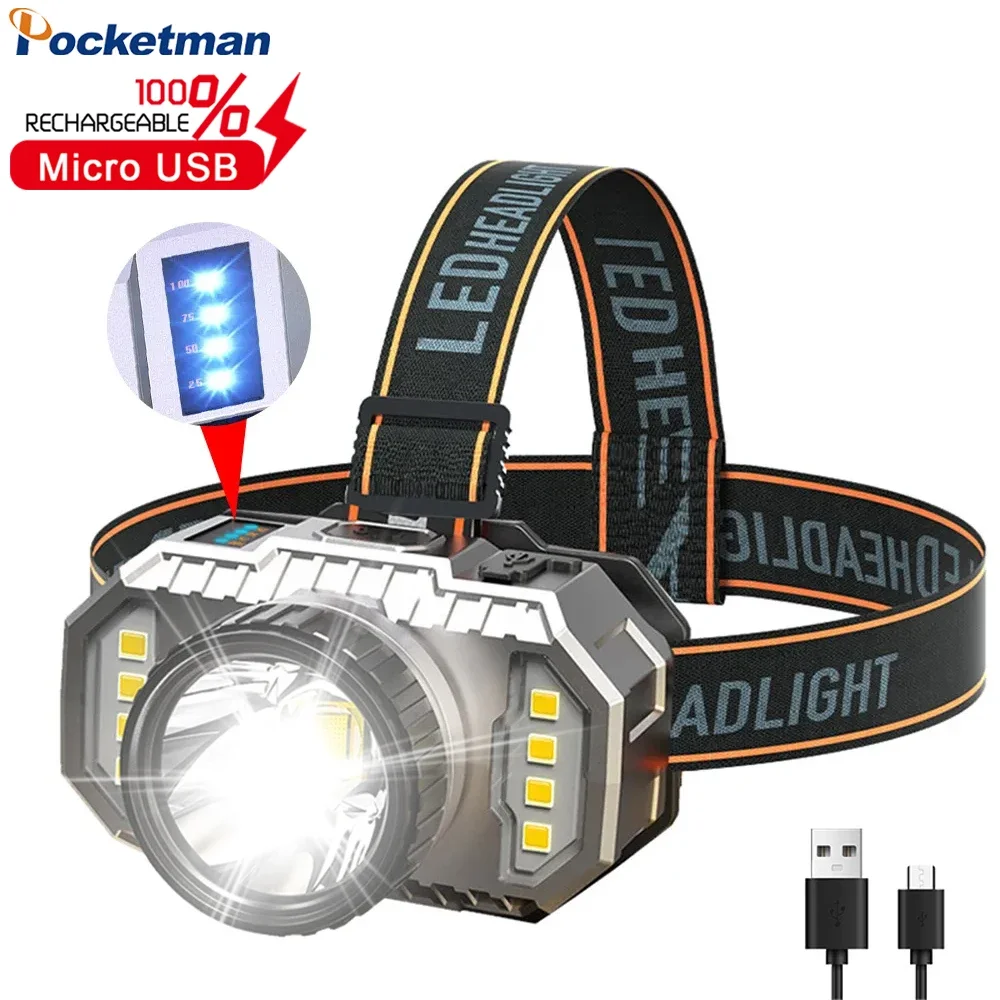 

USB Rechargeable Headlight Powerful LED Headlamp Outdoor Waterproof Head Lamp with Built-in Battery