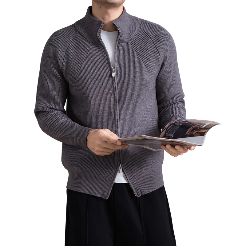 

Men Trendy Stand Collar Sweater Cardigan Korean Fashion Double Zipper Knit Coat Long Sleeve Male Slim Fit Wool Blend Outwear