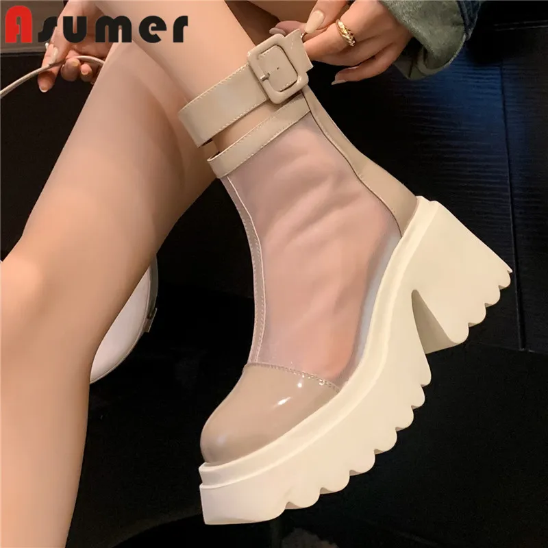 ASUMER 2024 New Zipper Patent Leather Ankle Boots Fashion Ladies Platform Summer Boots Thick High Heels Mesh Women Boots