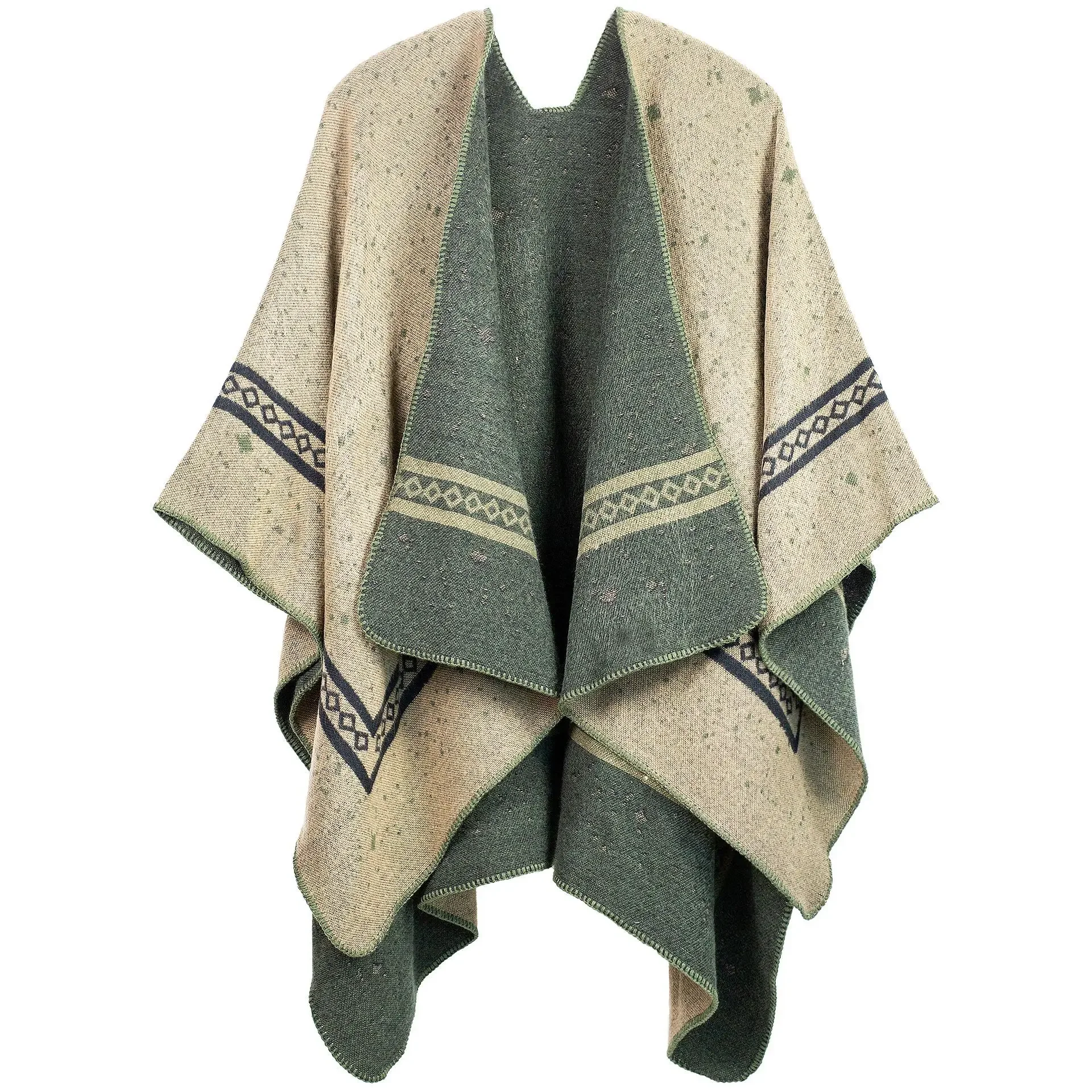 

Autumn Winter New printing Cardigan Imitation Cashmere Warm Casual Women Shawl Poncho Capes Lady Coat Green