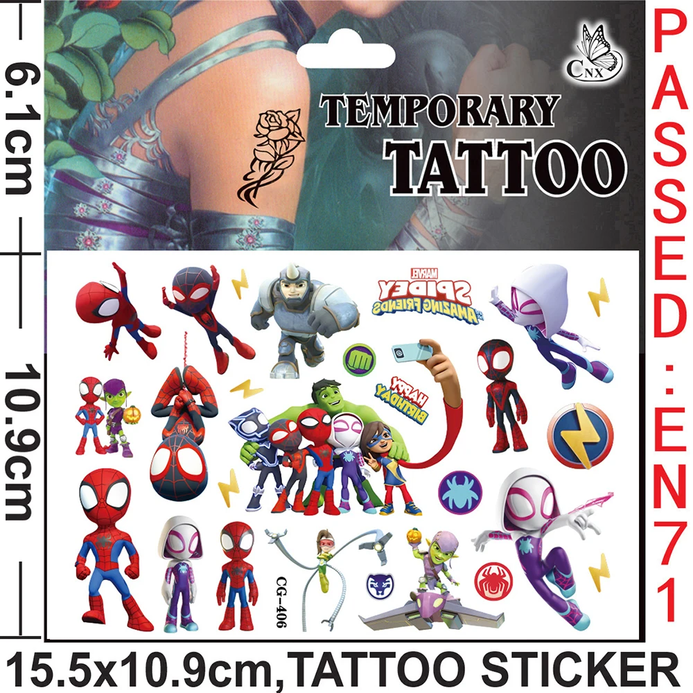 Tatuajes de dibujos animados de Disney, pegatinas de tatuaje temporal de Spider-Man y sus amigos increíbles, juguete para bebé y niño, arte corporal, maquillaje DIY, regalo de fiesta