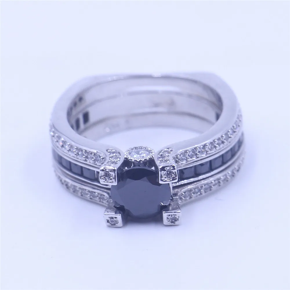 Classic Couple Lab Black Diamond Ring Set 925 Sterling Silver Wedding Band Rings for Women Engagement Promise Party Jewelry 3