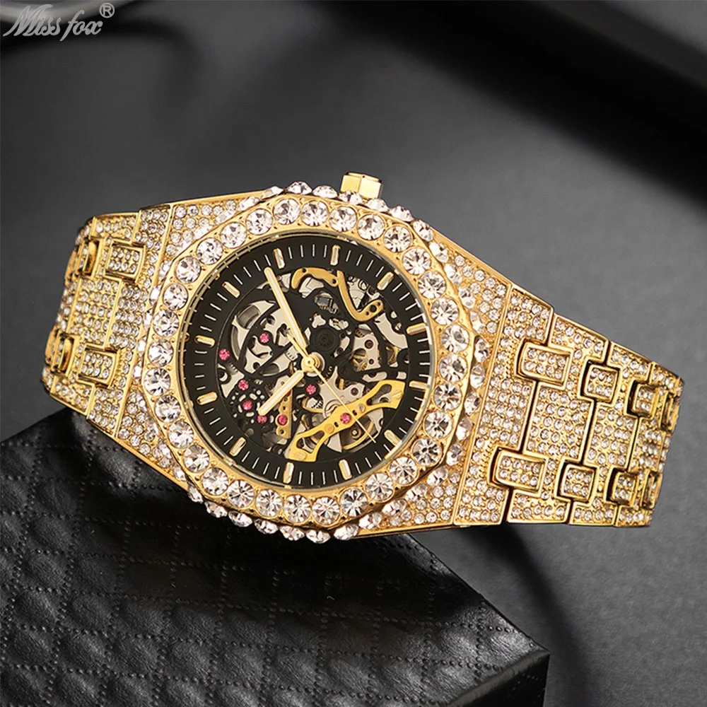 Luxury Automatic Mechanical Watch Men Hip Hop Brand MISSFOX Steel Full Iced Diamond Jewelry Gold Wristwatch Fashion Man 2026 New