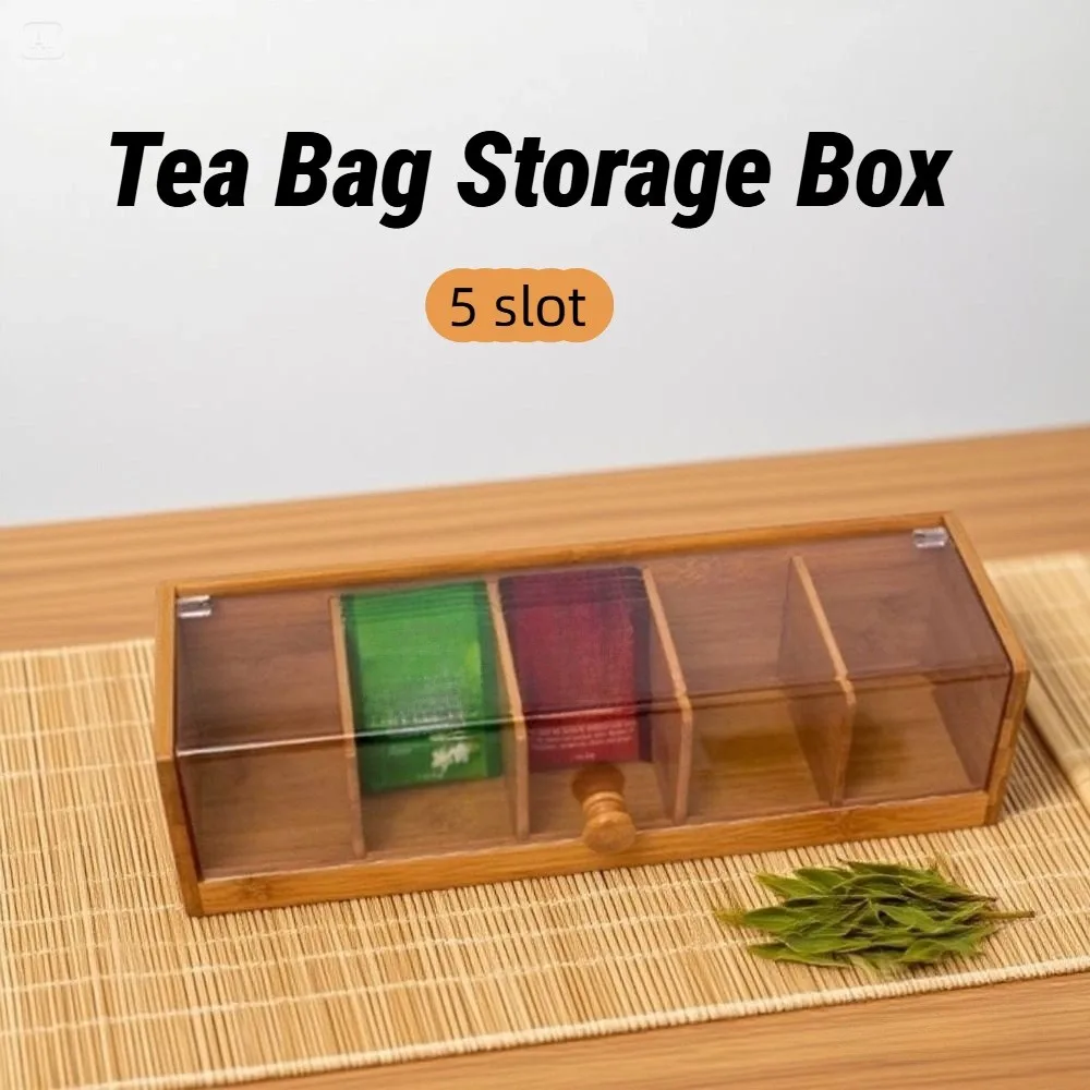 

5 Slots Tea Bag Storage Organizer Handmade Bamboo Coffee Capsule Storage Box Space Saving Transparent Desktop Sundries Organizer