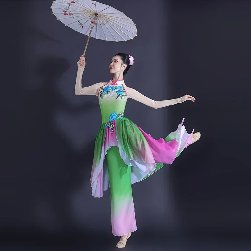 

Древний китайский танцевальный костюм ханьфу для взрослых, элегантный комплект феи, элегантный веер, зонтик, народный танец, классическая одежда для выступлений Янко
