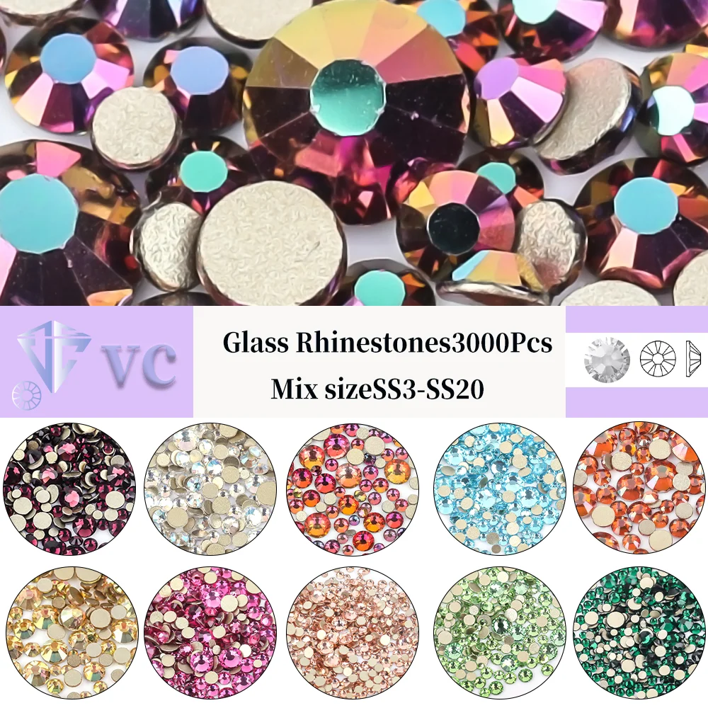 VC 3000Pcs Mix Size SS4-SS20 Clear Crystal Rhinestones Non-hotfix Gold Flatback Glitter Stones Nail Art Crafts DIY Decorations