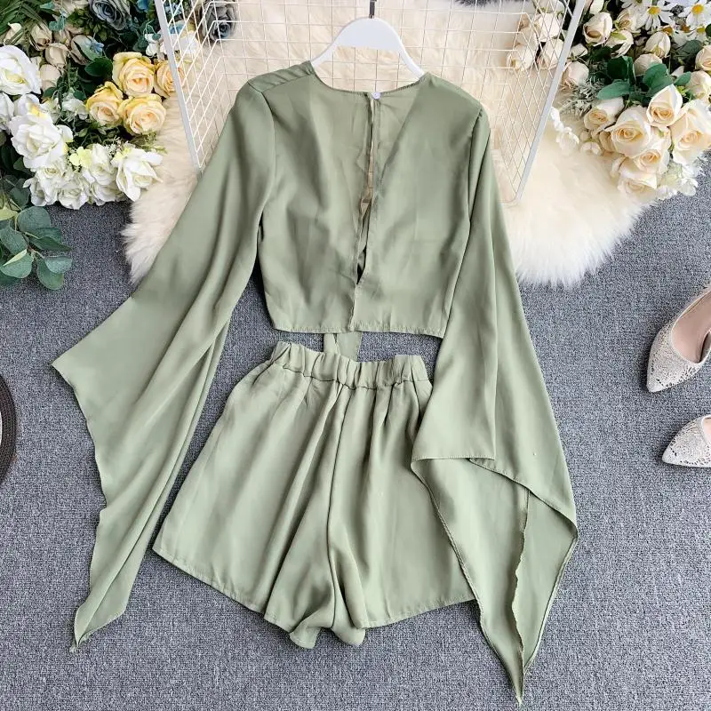 Summer Two Pieces Short Sets Women Casual Flare Sleeve  chiffon  with Korean Fashion High Waist Wide Leg Shorts Sets