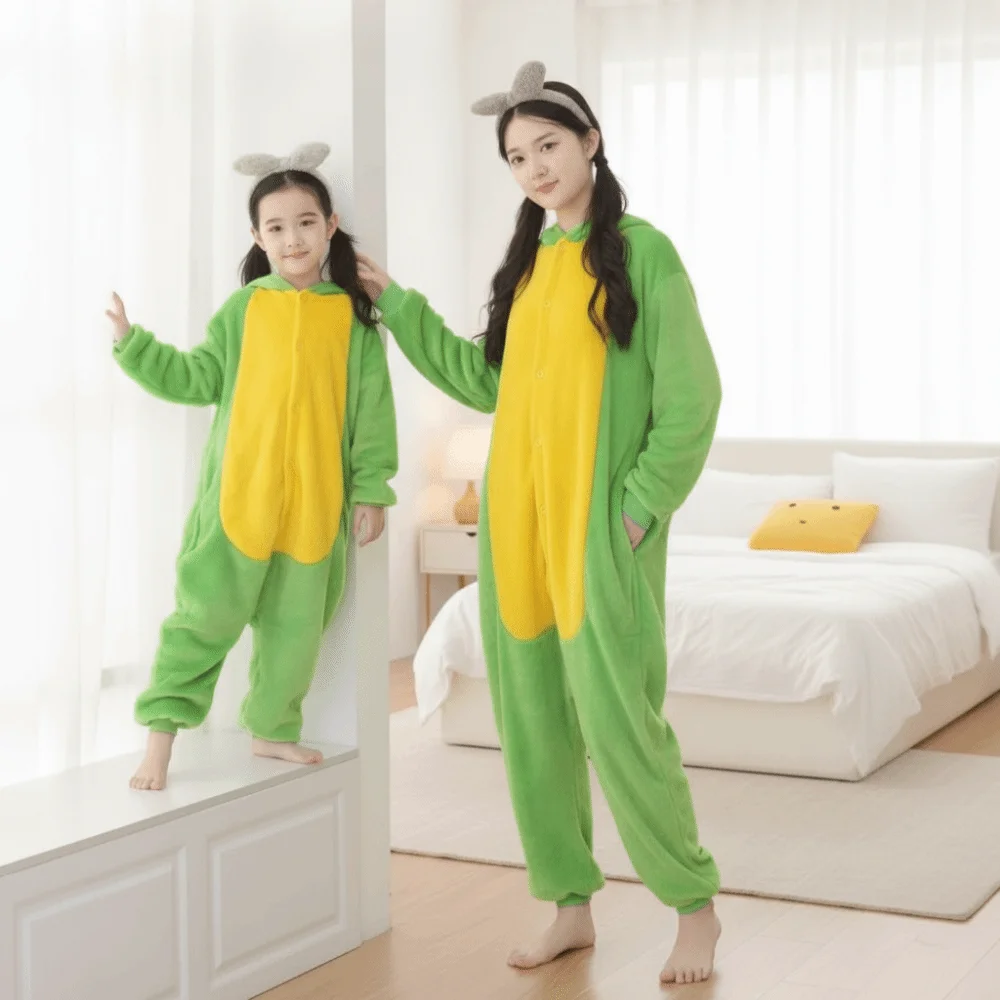 Outfits Flanell-Pyjamas Cartoon Grüne Overalls Warme Bequeme Tier-Cosplay-Kostüme für Frauen – Detail 11