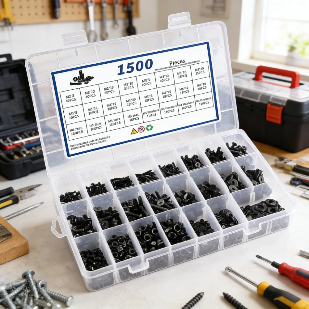 1500Pcs screw set M2M3M4M5*8/12/16/20 Black Grade 10.9 Steel Hexagon Hex Socket Head Flat Countersunk Screw Washer Nut mix Kit