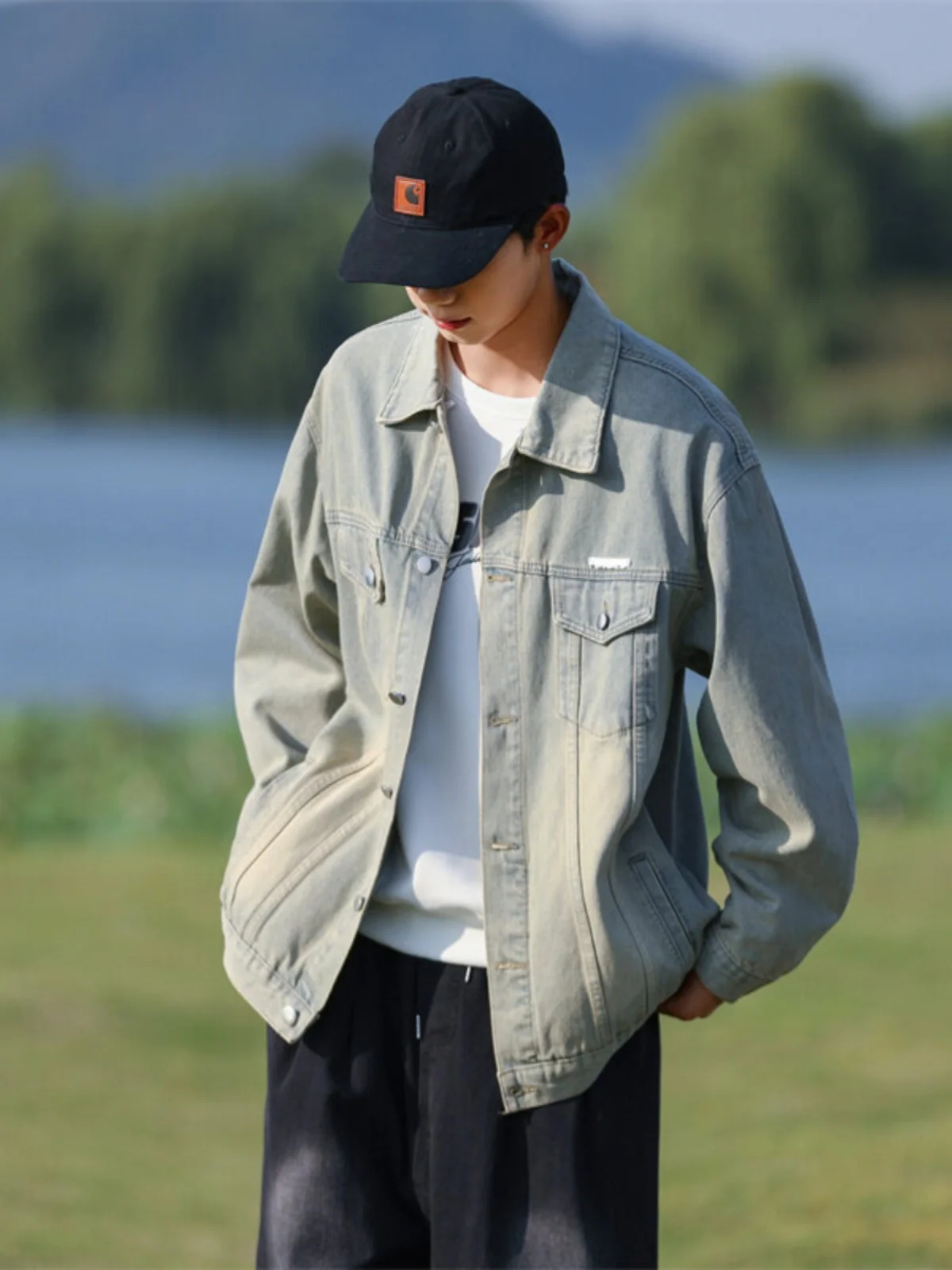 

Американская винтажная мужская джинсовая куртка в стиле High Street, рабочая куртка, модный ретро-топ с воротником, верхняя одежда для весны и осени