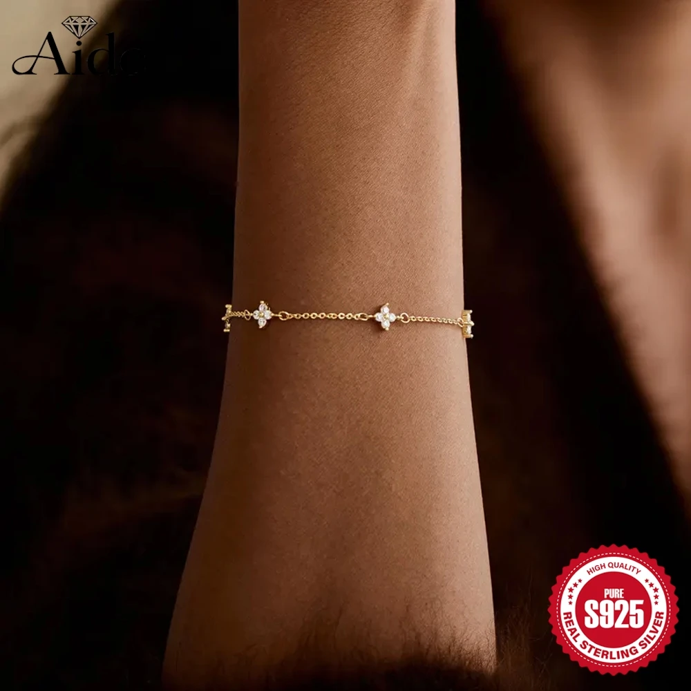 

AIDE 925 Sterling Silver Classic Lucky four-leaf Clover Flower Zircon For Women INS Adjustable Bracelet Party Daily Gifts