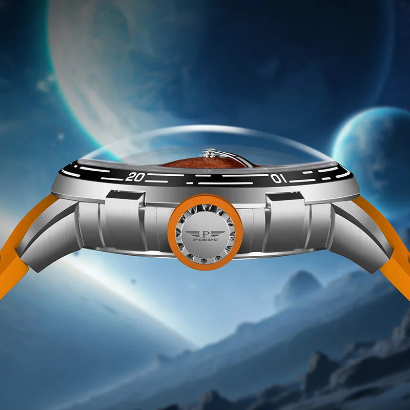 PINDU Design Original New Brand Wristwatches Miyota 8215 Planet Theme Series Mechanical Watch Men's Curved Mirror Silicone Strap