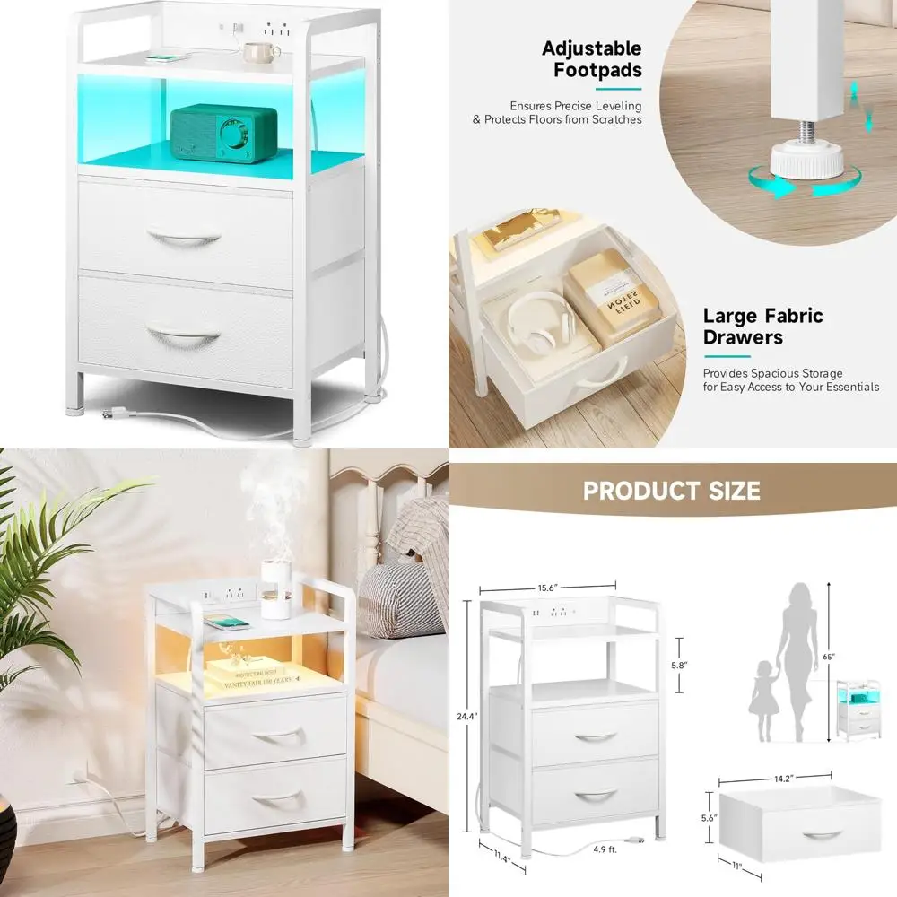 

Современная белая прикроватная тумбочка со встроенным портом для зарядки и светодиодной лентой