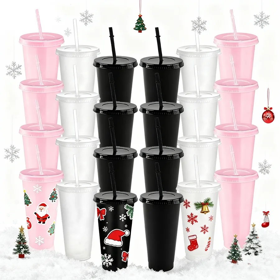 

24 шт., бутылка для воды на 24 унции, пластиковые стаканы с крышками и соломинками, многоразовые чашки, чашки для кофе со льдом для вечеринок и дней рождения