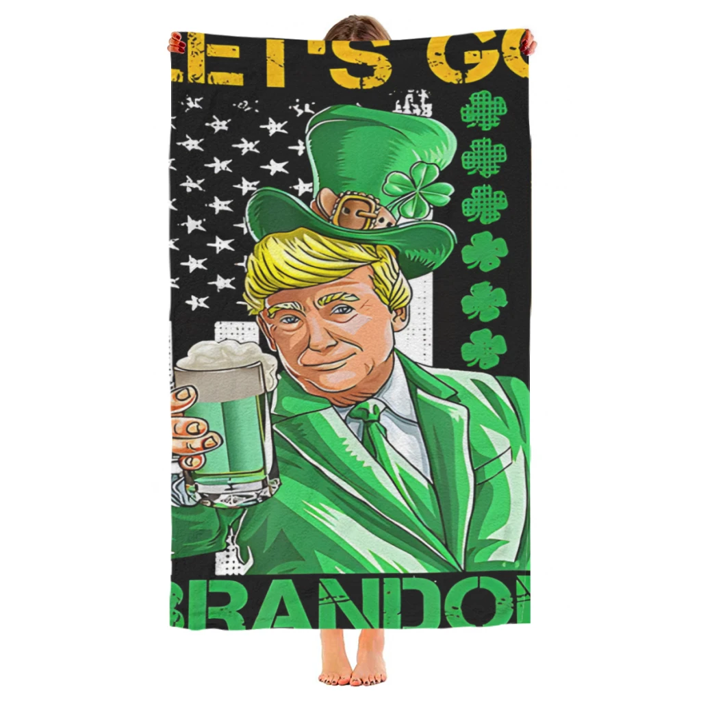 Lets Go Brandon St Patricks Day Trump American Flag Shamrock Beach Towel  Poncho Bathing Towels Cover-ups Quick Dry Sand