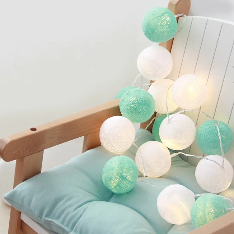 Bola De Algodão Luzes Cordas, Guirlanda De Fadas, Festa De Casamento, Decoração De Jardim De Casa, Aqua Mint + Branco, Bateria AA, USB, Plug In,