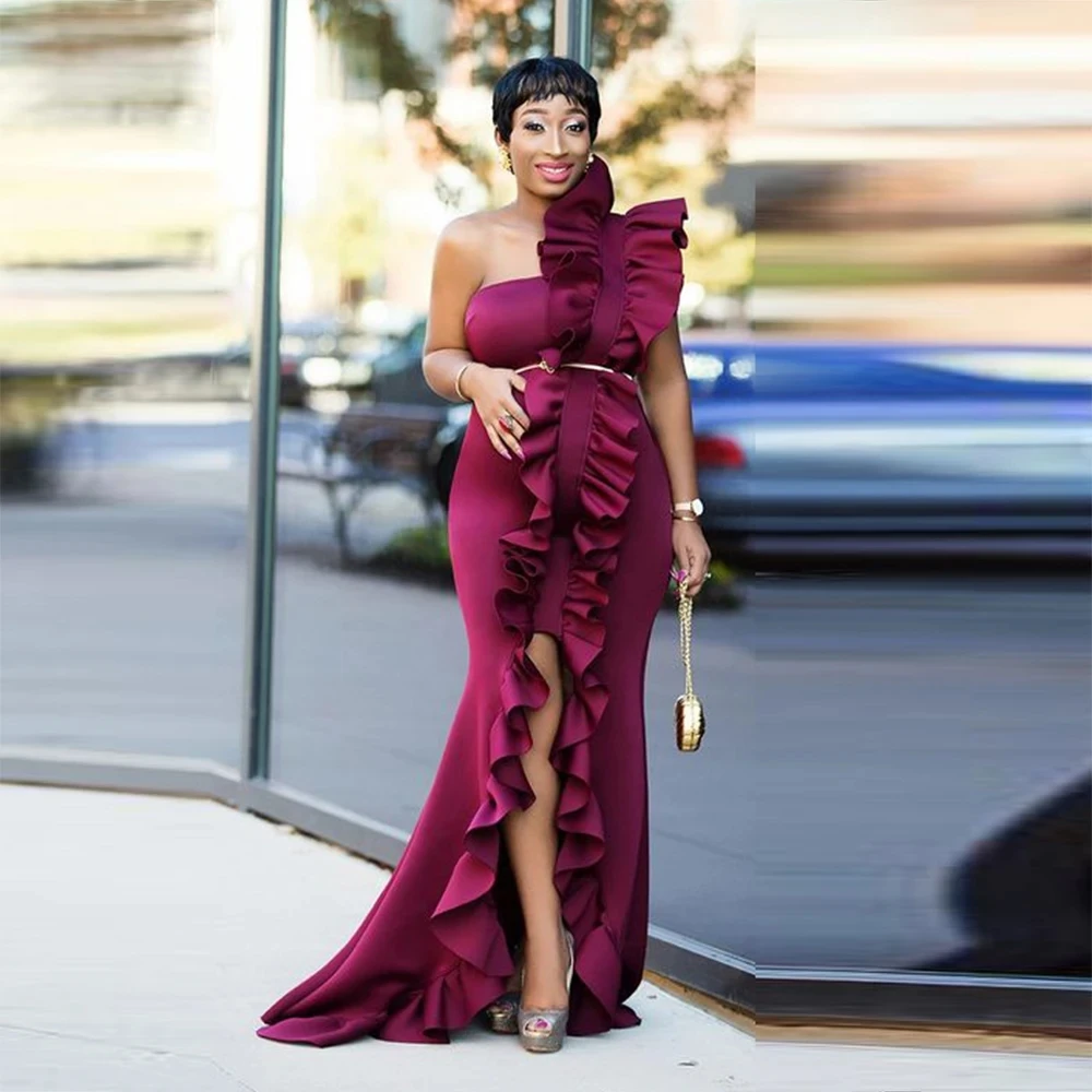 

Elegant Ruffles One Shoulder Evening Gowns Front Split Mermaid Prom Dresses Elegant Women Formal Occasion Party Dress