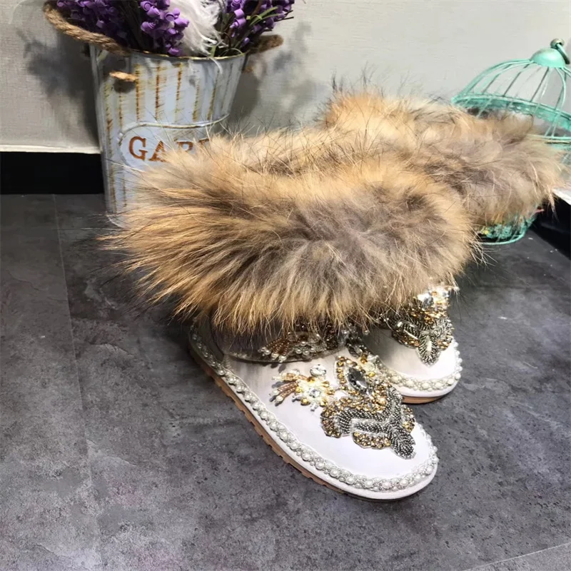 Beaded rhinestones handmade custom fur one-piece boots Pearl Vintage Winter plus fleece warm boots women\'s plus size 35-44