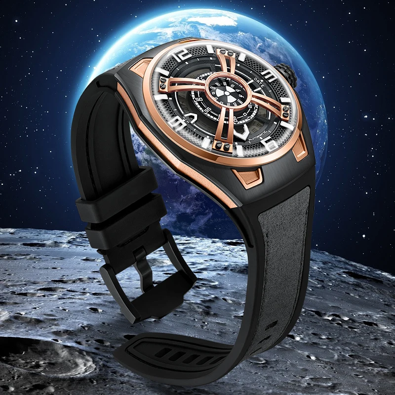 

BONEST GATTI New Men Automatic Watch Mechanical Movement Wristwatch Fluorine Rubber Green Strap Sapphire Crystal Watches For Men