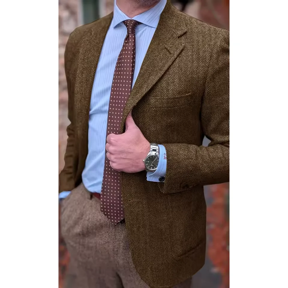 

Men Herringbone Suit Jacket Single Breasted Business Blazer Casual Fashion Slim Fit Comfortable Elegant Stage Clothing New Style