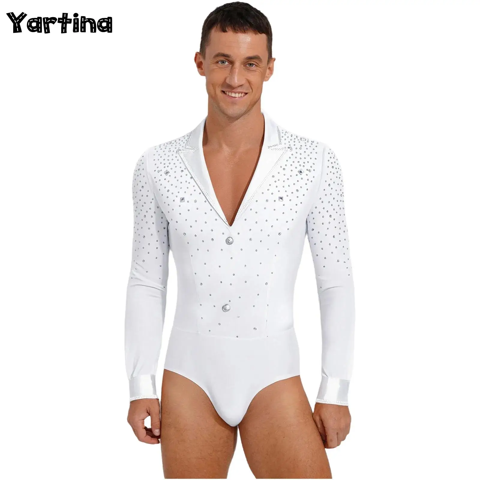 

Mens Gymnastics Figure Skating Latin Tango Dance Bodysuit Shirts Costume Glittery Rhinestone Openable Crotch Leotard Jumpsuit
