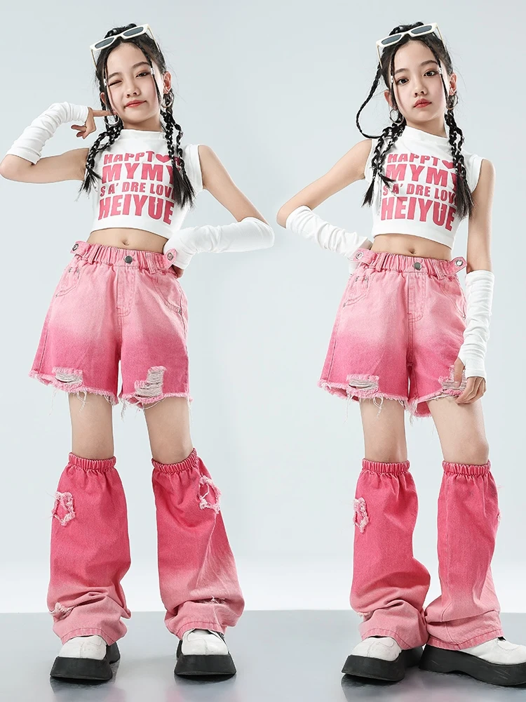 Pink Kpop Clothes For Girls Jazz Dance Costume Crop Tops Fashion Pants Concert Performance Clothing Kids Hip Hop Outfit BL12588