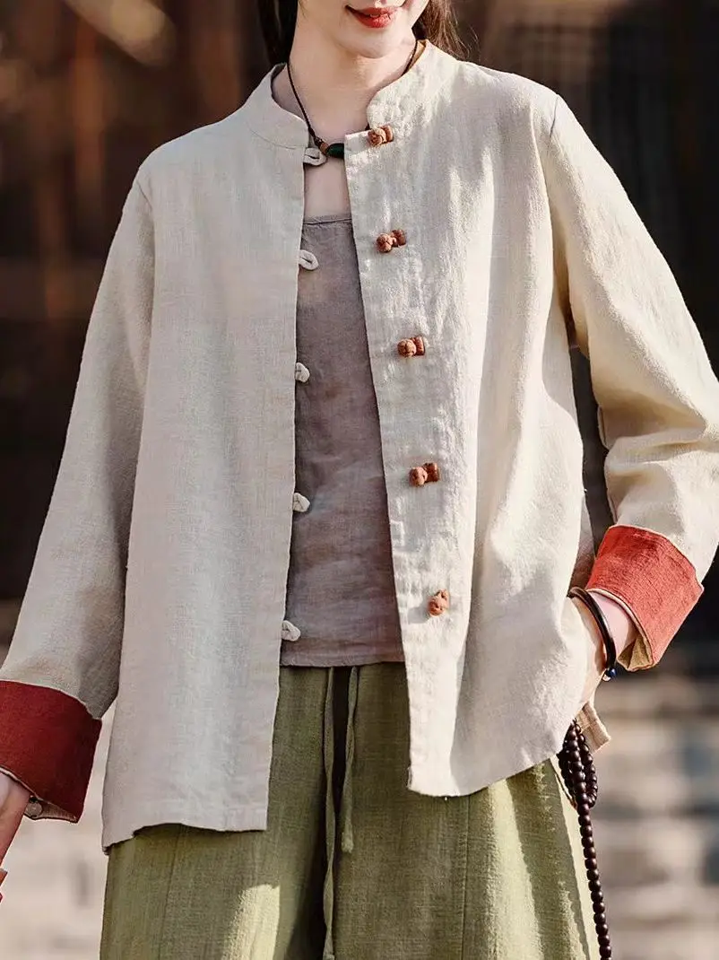 Retro Zen nuevo chino Sle mujer irt Jaet lino abotonado primavera otoño ceremonia del té Top suelto ajuste cómodo transpirable