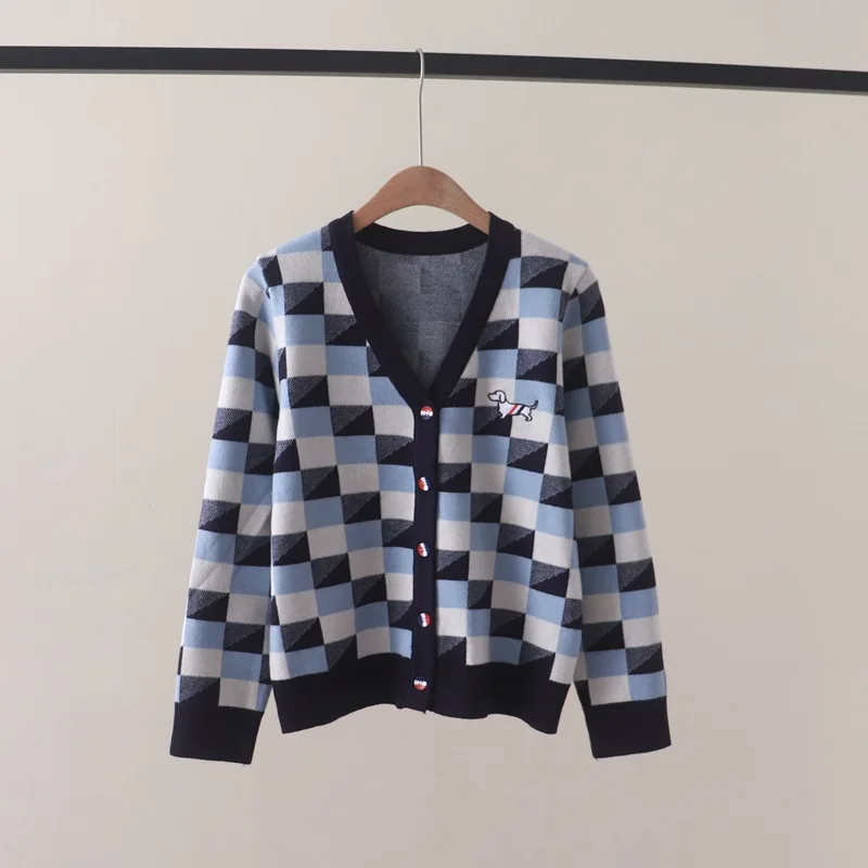 Blue checkered knit sweater with color blocking design, embroidered V-neck long sleeved knit cardigan sweater jacket