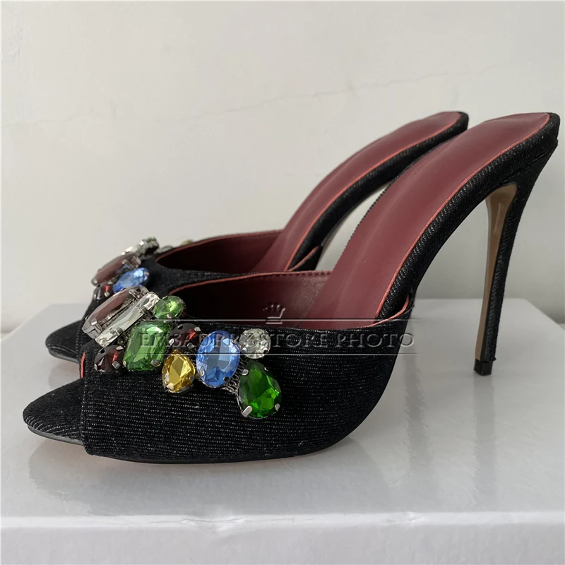 Individual Denim Slingbacks Mules For Girls Summer 10cm Stiletto Heel Colorful Rhinestone Buckle Decor Sandals Women 2024