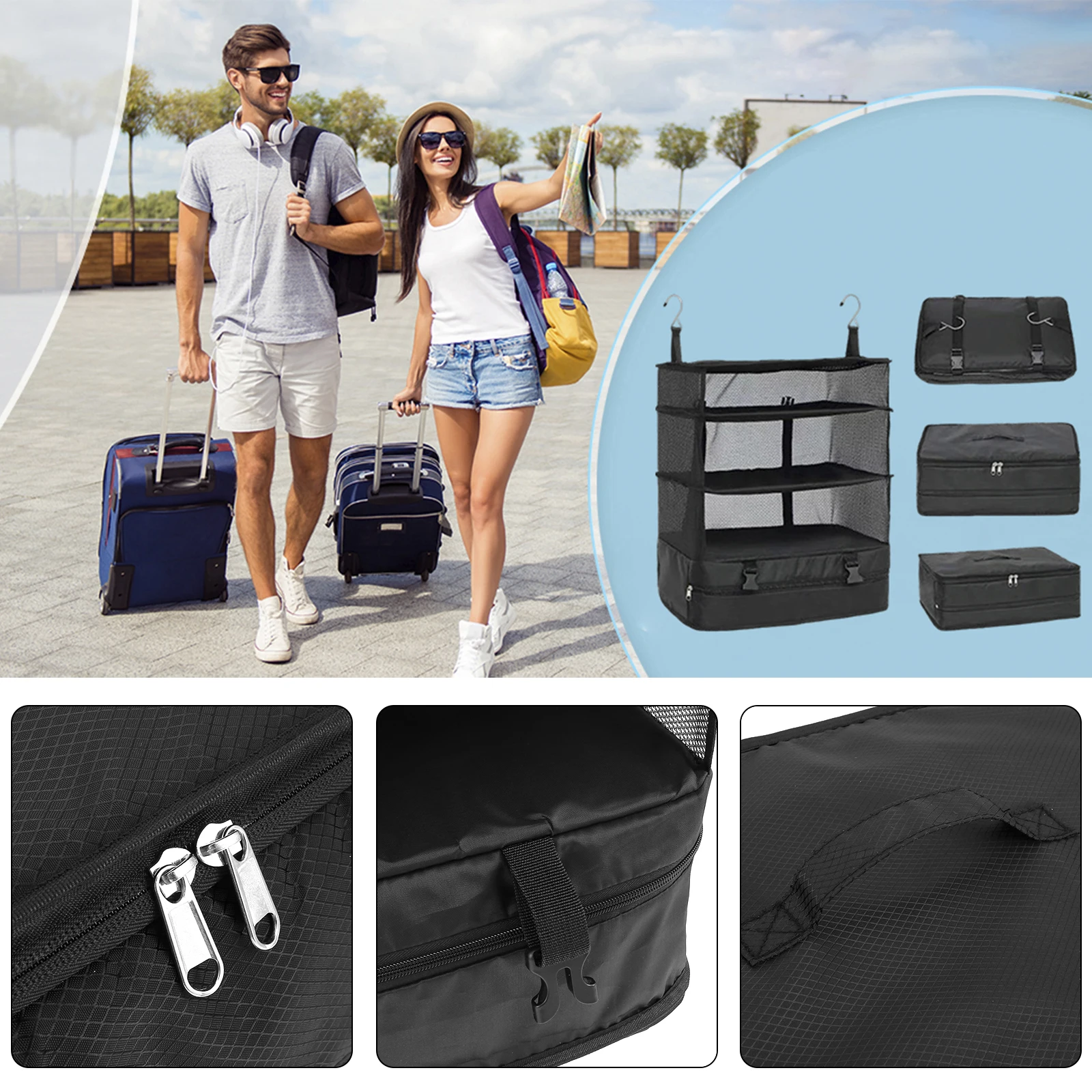 Travel Luggage Organizer Portable Travel Shelves Bag 3-Shelf Suitcase Packing Cube Collapsible Hanging Closet Storage Bag Space