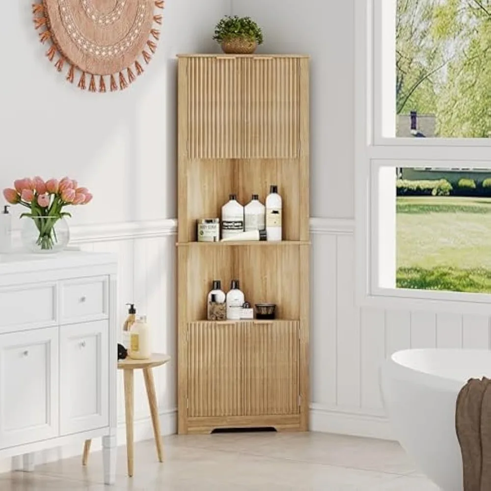 

64" Tall Corner Cabinet, Modern Fluted Storage Cabinet with Adjustable Shelf Two Doors Organizer with Open Frame for Living Room