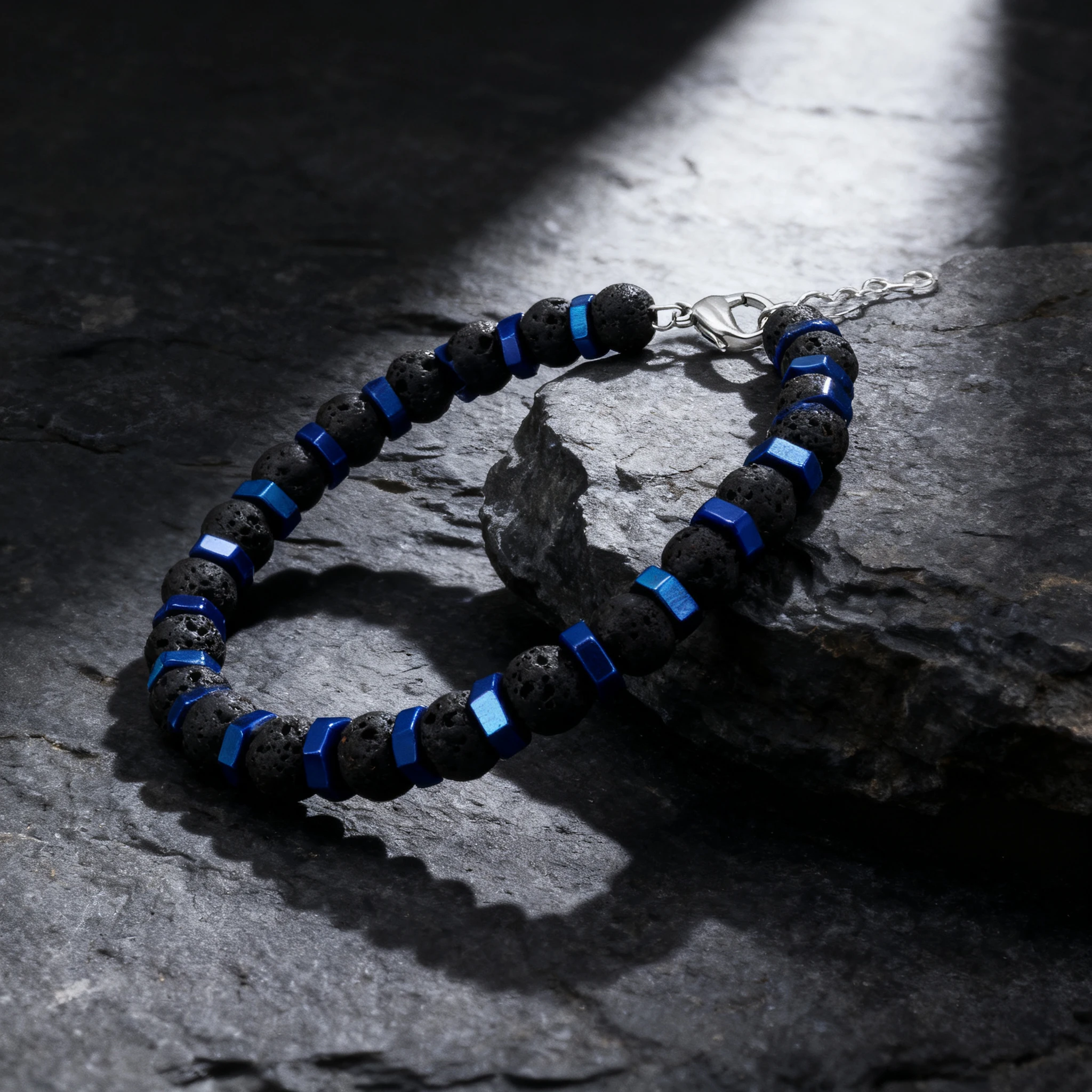 Runda Men\'s Adjustable Bracelet 22cm Black Lava Stone Natural Charm Bead Fashion Accessory with Stainless Steel