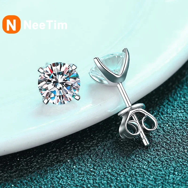 NeeTim Real 2 Carat D Color Moissanite Stud Earrings For Women 100% 925 Sterling Silver Sparkling Diamond Wedding Jewelry Gift