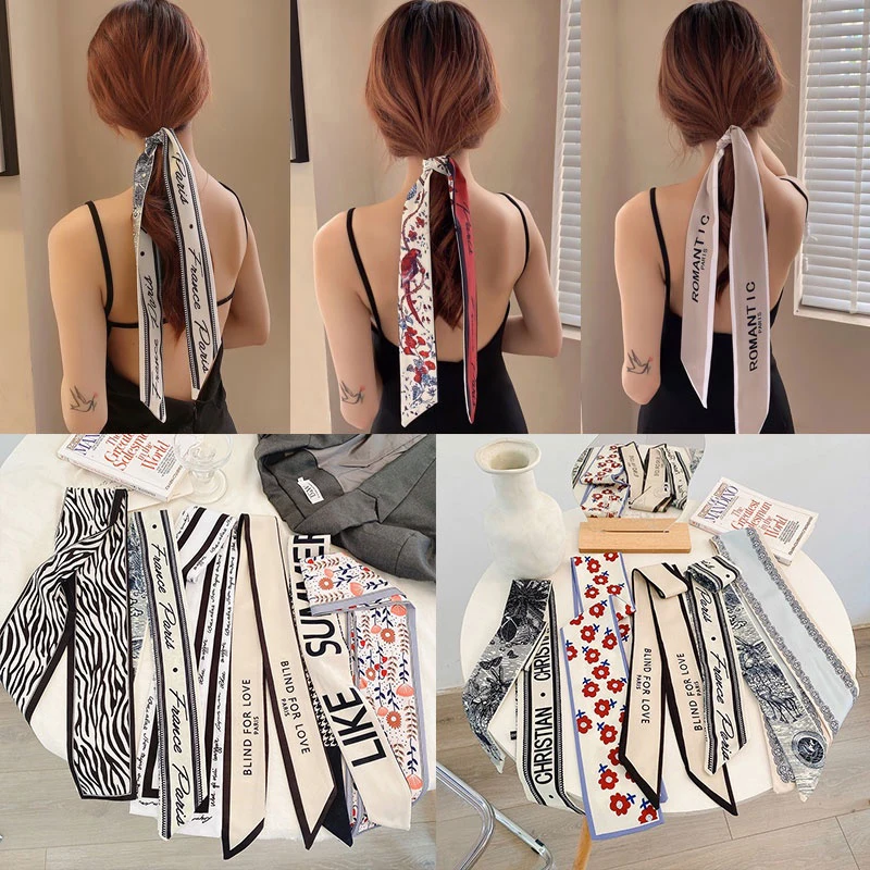 New Fashion Silk Scarf Hair Band Long Ribbon Bow Korean Printing Letter Hair Scarf Women Ponytail Holder Hair Accessories