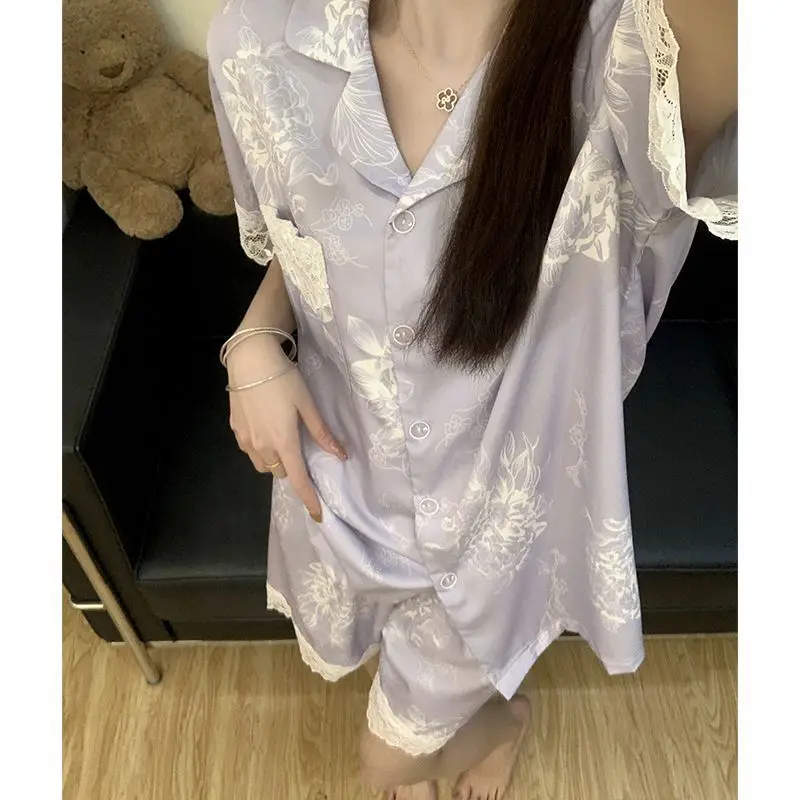 بيجامة نسائية مكونة من قطعتين ملابس نوم من الساتان المرقعة بالدانتيل بدلة نوم نسائية مثيرة بدون أكمام شورت علوي ملابس نوم للاستلقاء