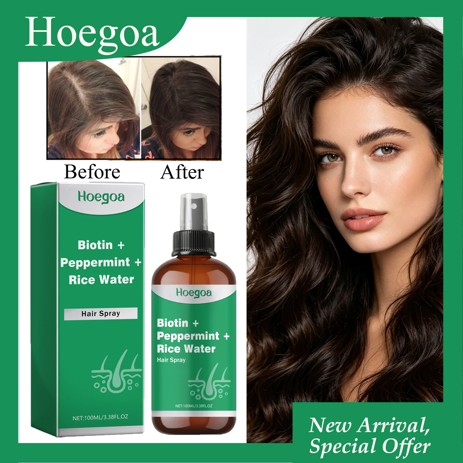 HOEGOA 100mL Biotin Peppermint Rice Water Hair Spray Promotes Hair Growth Strengthens Roots Prevents Damage Rice Water Spray