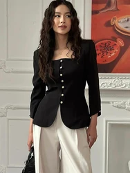 Fantoye Sexy Square Collar Women Coat Black Long Sleeve Single Breasted Jacket Femme Autumn Slim Casual Vacation Streetwear 2024