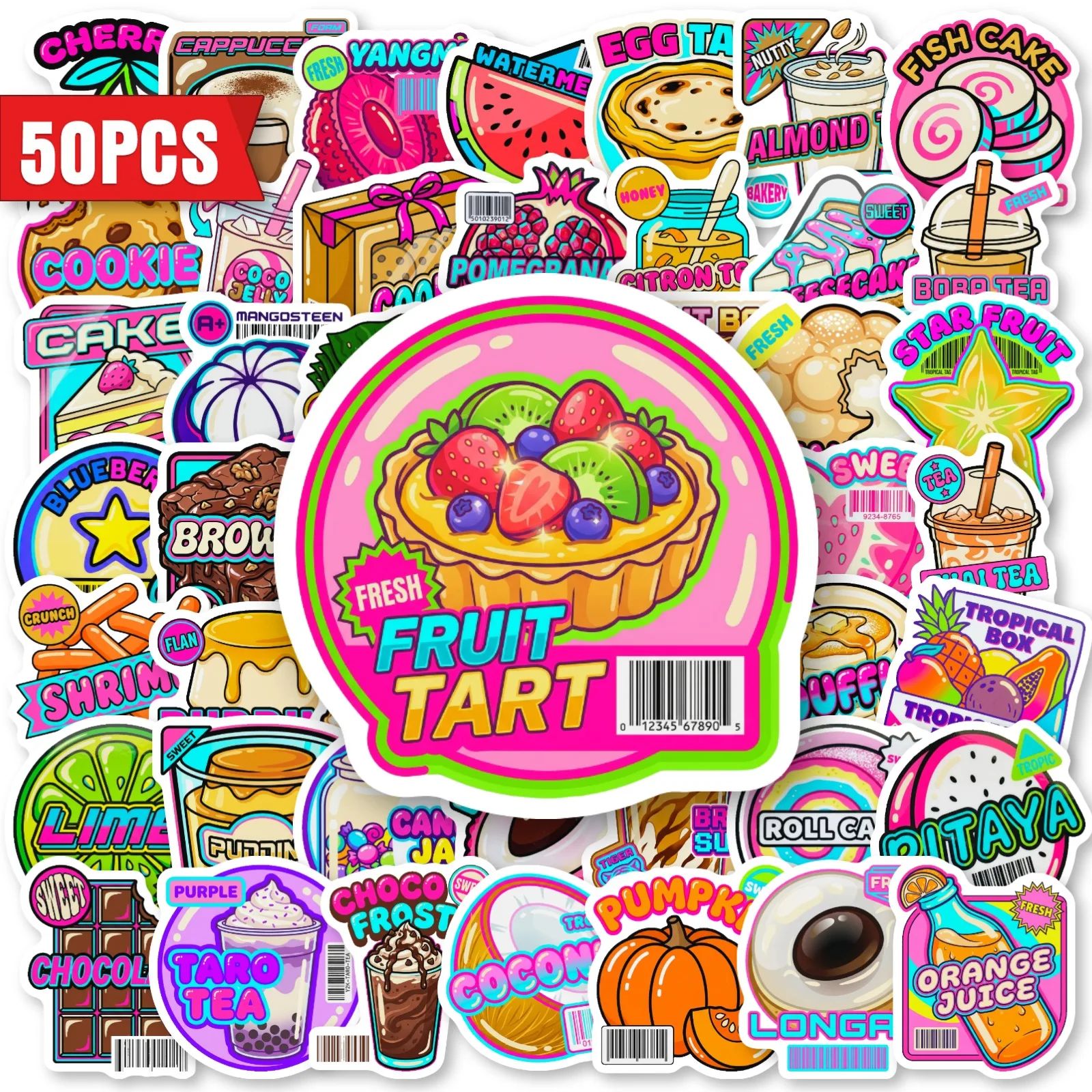 50Pcs Future Dessert Archive Stickers, Fruit Sweet Food Graffiti Waterproof Decals for DIY Decor