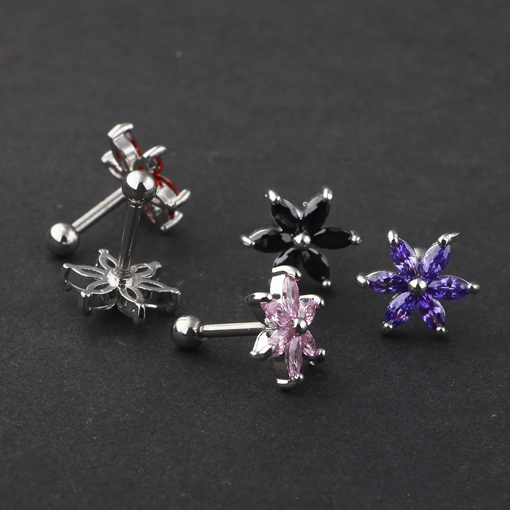 1PC Stainless Steel Crystal Flower Piercing Earring For Women Girl Small Punk Unique Tragus Helix Cartilage Piercing Jewelry