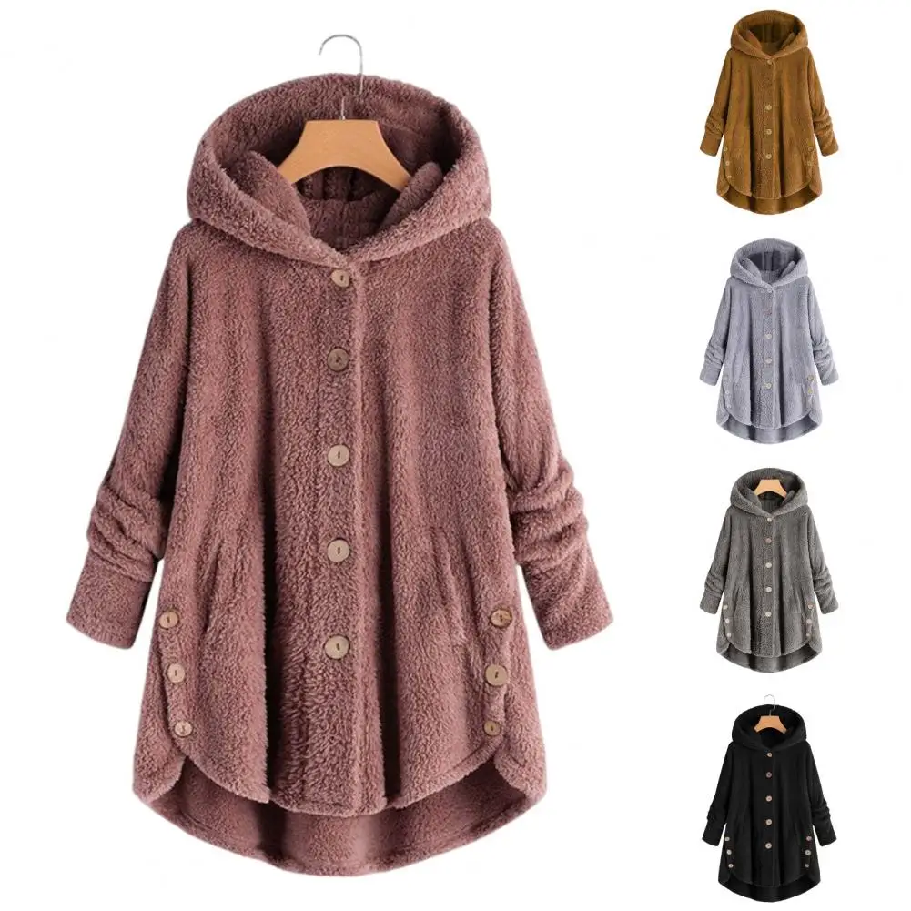 Women Plush Coat Autumn Winter Loose Warm Soft Flurry Jacket Women's Button Oversized Hooded Outwear M-3XL