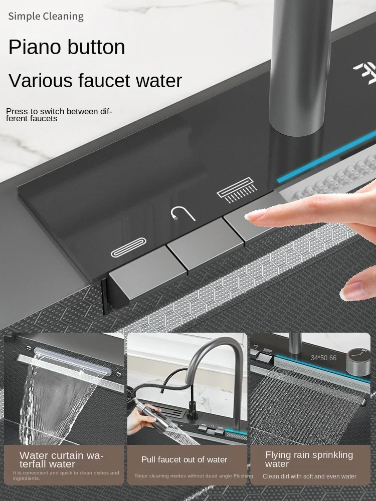 Fregadero de cascada de lluvia con pantalla Digital para el hogar, fregadero individual grande de acero inoxidable Nano 304 en relieve, lavabo negro