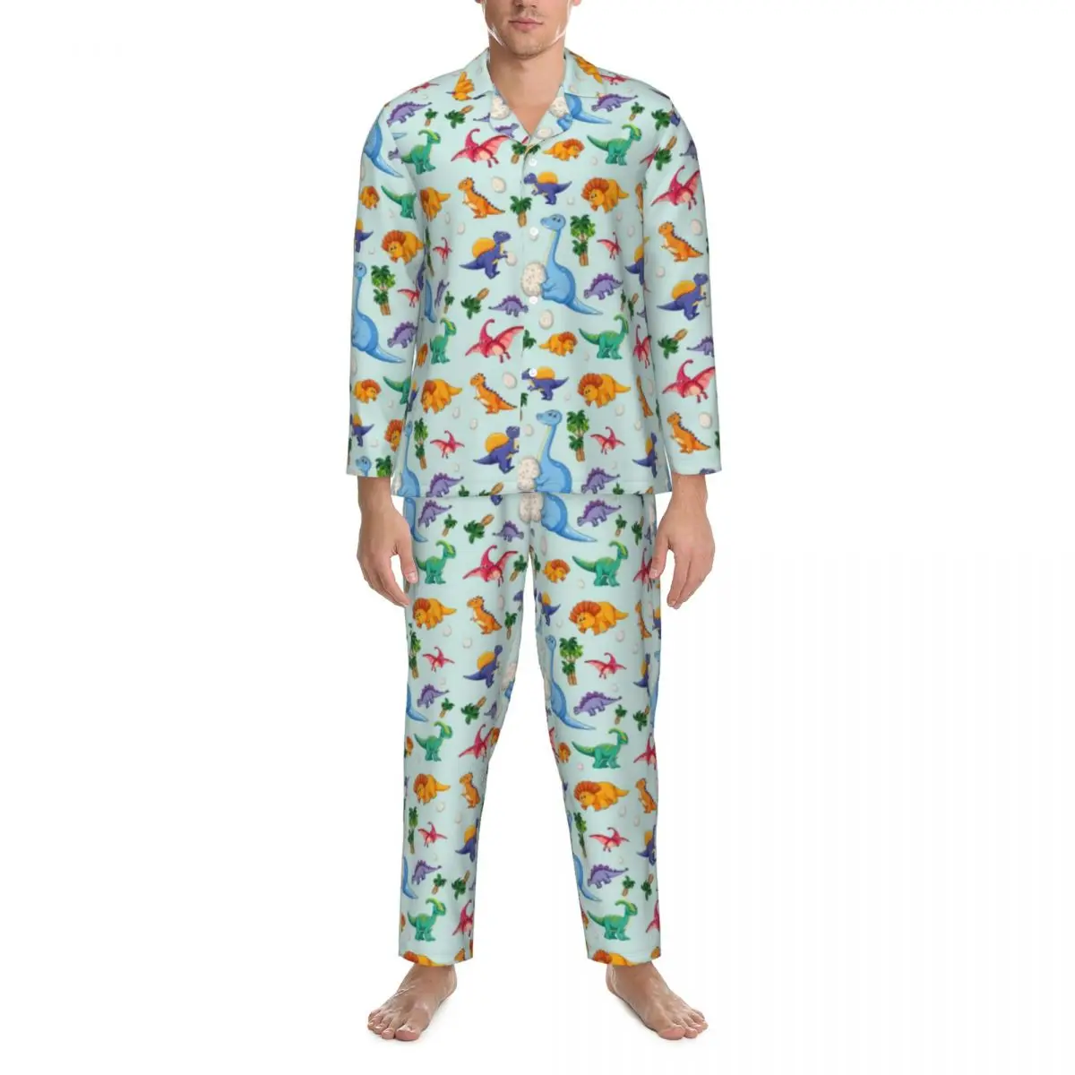 Colorful Cute Dinosaurs Pajamas Man Cartoon Dinos Jungle Lovely Leisure Nightwear Autumn 2 Pieces Oversized Design Pajama Sets