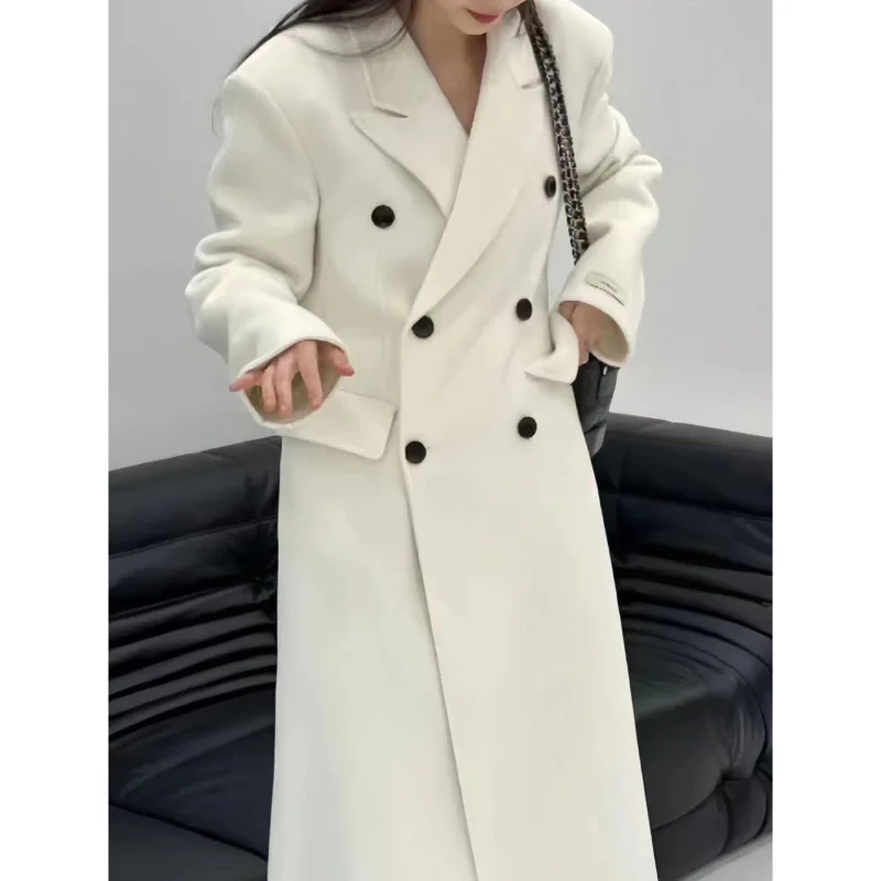 [EWQ] Korean Style Double Breasted Temperament Two-faced Cashmere Coat Fashion Women Woolen Coats Winter 2024 Autumn New 16O1622