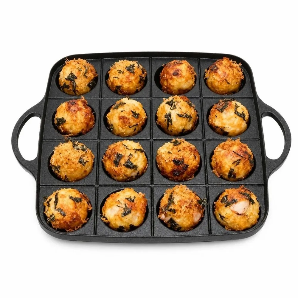 Durable Black Takoyaki Pan Nonstick Cast Aluminum 16-Hole Cooking Pan Dual Handle Takoyaki Grill Pan Homemade Japanese Snacks